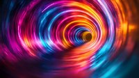 Vibrant spiral tunnel of colorful light streaks in pink, orange, and blue creating dynamic motion effect against dark background, abstract swirling energy pattern.