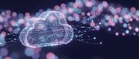 Cloud computing network with digital fingerprint security and data connection lines on dark background with bokeh lights.