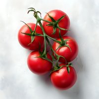 Fresh red vine tomatoes with green stems on light background, natural organic produce for healthy cooking and food photography.