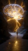 Glowing brain constellation illuminates dark canyon as lone figure stands beneath, creating surreal scene of consciousness and enlightenment in nature.