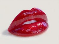 Glossy red lips with wet effect makeup on white background, close-up view showing plump, sensual appearance and professional cosmetic application technique.