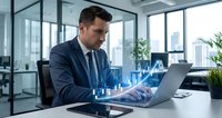 Professional businessman analyzing digital financial data with holographic charts and graphs on laptop in modern glass office environment.