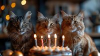 Three curious cats looking at birthday cake with lit candles against dark background. Festive pet celebration moment with warm bokeh lights.