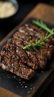Juicy grilled beef steak with rosemary sprigs on dark wooden board, seasoned with salt and pepper for gourmet dining.