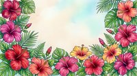 Watercolor tropical frame with vibrant hibiscus flowers and lush palm leaves, copy space in center for text or design.