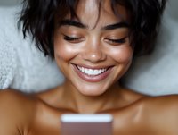 Young African American woman with short dark hair and bright smile looking at mobile phone while relaxing. Natural beauty and genuine emotion captured in lifestyle setting.