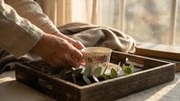 Elderly hands holding floral teacup on wooden tray by sunny window. Cozy morning tea time, senior lifestyle, comfort and relaxation at home.