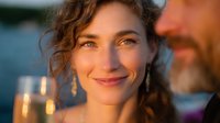 Smiling woman with curly hair at sunset gathering, warm golden hour lighting creates romantic atmosphere with blurred male figure in background.