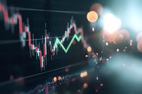 Stock market candlestick chart with glowing green and red bars showing price movement, overlaid with bokeh light effects on dark background.
