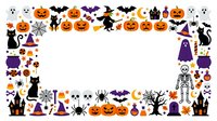 Halloween decorative border frame with jack-o-lanterns, bats, witches, skeletons, black cats, and haunted houses on transparent background, ready for design projects.