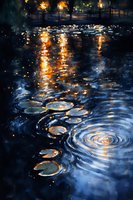 Raindrops create circular ripples on dark water surface at night, with street lights reflecting golden patterns, creating mysterious atmospheric mood in blue tones.