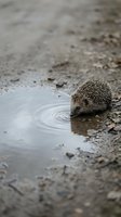 Small hedgehog drinking water from puddle creating ripples on muddy ground with shallow depth of field nature wildlife photography.