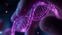 Glowing purple DNA helix structure with sparkling particles on dark background, genetic research concept visualization for medical and scientific designs.
