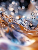Dynamic water splash with droplets frozen in motion against sparkling bokeh background. Liquid movement creates flowing waves with crystal clear transparency.