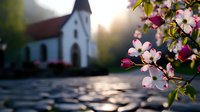 Spring blossoms frame white church steeple at sunset, pink dogwood flowers in foreground with cobblestone path leading to chapel entrance in soft focus.