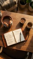 Leather planner open on wooden desk with headphones, tea cup, nuts, and plants in warm morning light, cozy productive workspace.