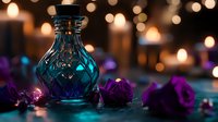Blue vintage glass bottle with purple roses against blurred candlelight background creating romantic mood and mystical atmosphere for spa, wellness or meditation settings.