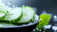 Fresh cucumber slices with water drops on dark plate, macro shot. Green vegetable with crisp texture and natural moisture for healthy eating concept.