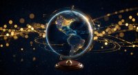 Glowing Earth globe on wooden stand with golden orbital rings and bokeh lights against starry space background for global business concepts.