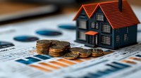Miniature house model with stacked coins on financial charts and graphs, illustrating real estate investment, mortgage costs and property market analysis.