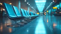 Modern airport terminal waiting area with blue seats and atmospheric lighting creating travel ambiance for passenger departure lounge design.