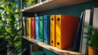 Colorful ring binders arranged on wooden shelf against green wall, office organization concept with rainbow colored folders in neat row, selective focus background.