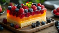 Fresh berry cheesecake slice with layers of vanilla, mango, and raspberry topped with mixed berries and mint leaves on wooden serving board. Food photography.