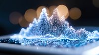 Glowing digital wave visualization with mountain-like peaks in blue and white tones against dark background, bokeh light effects create depth and atmosphere.
