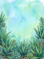Watercolor succulent plants frame with turquoise blue green background, botanical border design for wedding invitations and greeting cards.