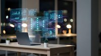 Modern laptop with holographic data visualization displays showing charts and analytics in futuristic office workspace for business technology concepts.
