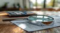 Magnifying glass on financial documents with calculator in background on wooden desk, representing business analysis and financial investigation.