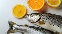 Fresh raw salmon trout with citrus slices on white background, healthy omega-3 rich seafood for Mediterranean cuisine and restaurant menu.