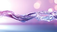Dynamic wave of clear liquid creating smooth flowing curves with light refraction against purple and blue gradient background with bokeh effect.