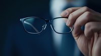 Stylish eyeglasses held by hand against dark blue background with soft focus and reflective lens surface, showcasing modern optical eyewear design and vision care concept.