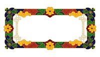 Ornate floral border frame with colorful flowers and decorative elements on white background, ready for text insertion and graphic design projects.