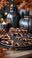 Halloween bat-shaped cookies with chocolate icing on dark plate surrounded by autumn leaves and warm bokeh lights creating festive seasonal atmosphere.