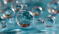 Crystal clear water bubbles floating on turquoise surface with sparkling reflections and bokeh lights creating dreamy aquatic atmosphere for wellness concepts.