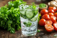 Refreshing cucumber mint cocktail with sparkling water, ice cubes and fresh ingredients on rustic wooden table. Fresh herbs and cherry tomatoes as garnish.