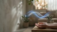 Peaceful meditation scene with flowing energy waves above open palms in warm sunlit room with plants creating serene wellness atmosphere for mindfulness practice.