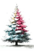 Watercolor pine tree with colorful gradient from teal to pink, covered in snow, creating a magical winter holiday atmosphere.