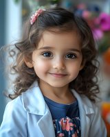 Young girl with curly hair wearing white lab coat and floral hair clip smiles at camera. Colorful blurred background creates warm atmosphere.