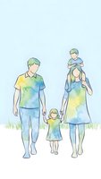 Watercolor family of four walking together in matching tie-dye outfits on light background for greeting cards and family-themed designs.