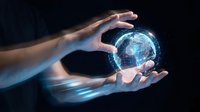 Hands protecting glowing digital earth globe with network connections on dark background representing global technology and environmental protection.