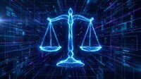 Digital justice scales glowing in blue neon light with futuristic grid background for legal technology and cyber law concepts.