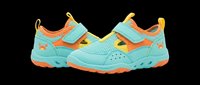Turquoise and orange children's athletic sneakers with velcro straps, mesh panels, and star details, isolated on transparent background. Ready for t-shirt design, clipart, stickers, and print-on-demand products.