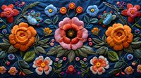 Vibrant floral folk art pattern with dimensional carved flowers in coral, orange and blue against dark background, featuring roses and decorative blooms with green foliage.