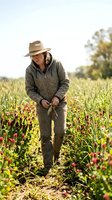 Middle-aged woman farmer in straw hat and work clothes walking through blooming clover field, holding harvested plants, agricultural work and sustainable farming concept.