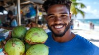 Young African American man with bright smile holding fresh green coconuts at tropical beach, palm trees and ocean in background, summer vacation lifestyle.