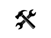Crossed hammer and wrench tools icon isolated on white background for repair service, maintenance work, construction projects and DIY applications.