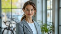 Young Caucasian businesswoman in gray blazer smiling confidently in modern office space with natural lighting, plants and windows. Professional corporate portrait.